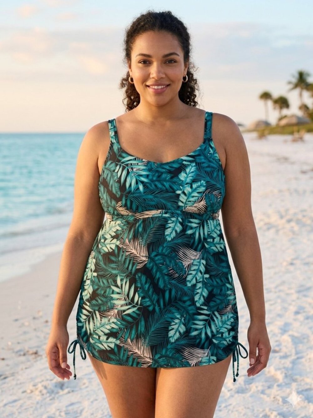 Cacique Plus Size Desert Palms Teal Black Cream Tummy Control Swim Dress 3736